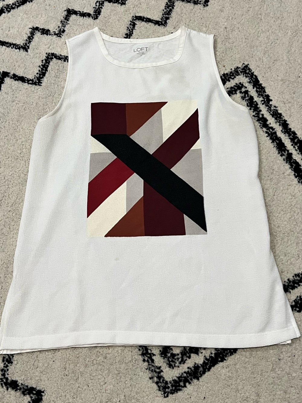 LOFT White Top with Black and Rust Geometric Detail